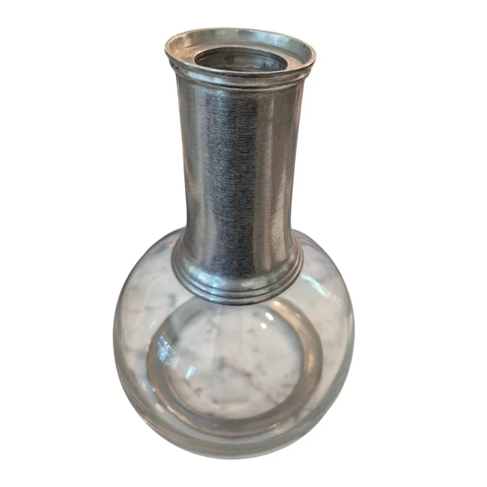 Danish MCM‑Style Glass Decanter Pewter Trim Round‎ Marked 95 – Excellent